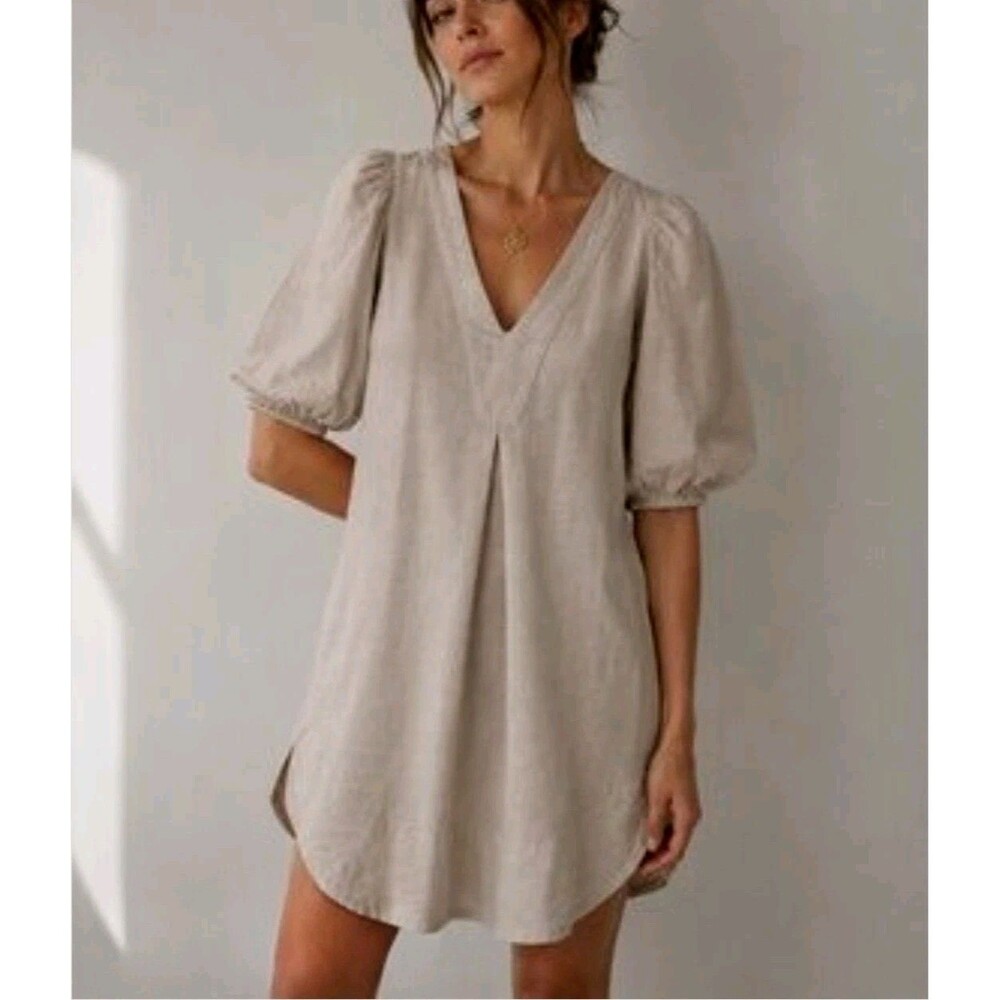 Cynthia Rowley Size L Linen Blend Dress Puff Sleeves Pockets Oatmeal Coastal